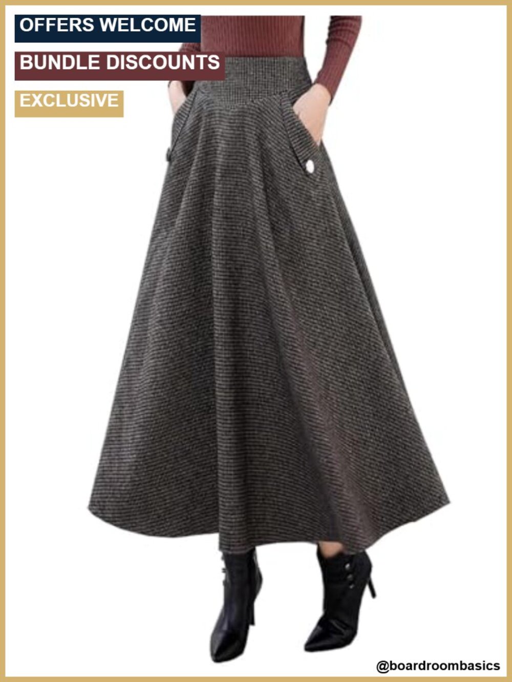 High Waisted Plaid Wool Blend Midi A-Line Skirt with Pockets